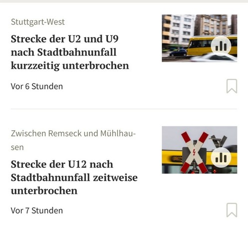 zwei Meldungen über "Stadtbahnunfälle" in der StZ