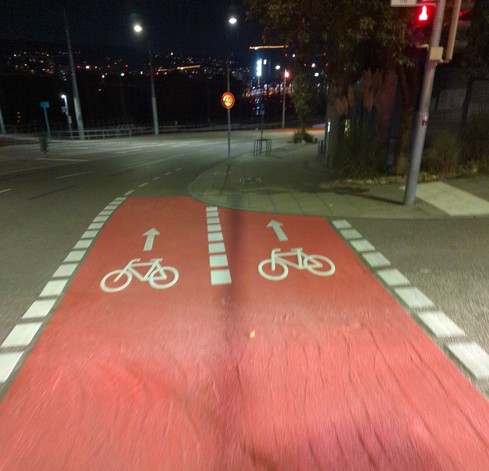 zwei "Radspuren" beide mit je einem Radpikrogram und einem Pfeil geradeaus.
(Was auch immer das soll.)